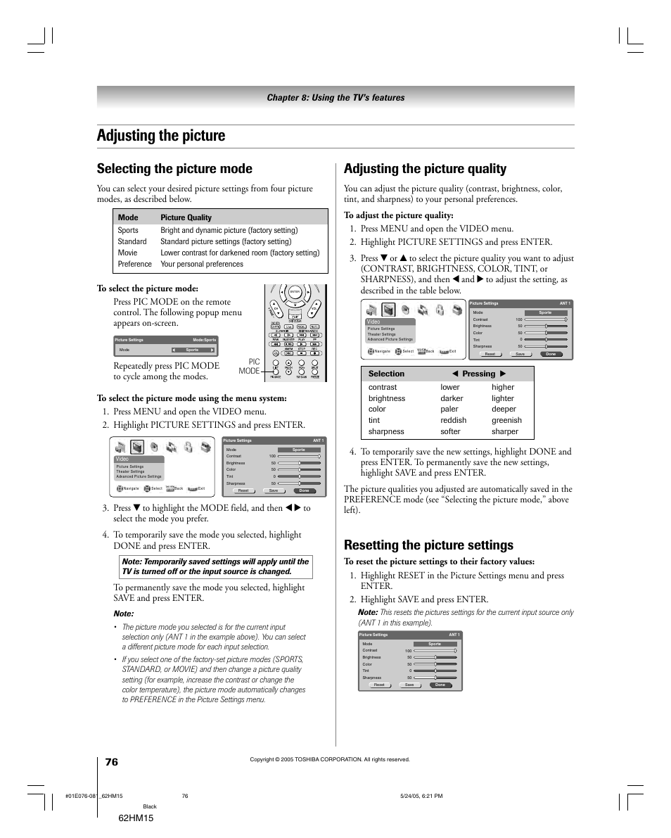Adjusting the picture, Selecting the picture mode, Adjusting the picture quality | Resetting the picture settings | Toshiba Integrated High Definition DLP 62HM15 User Manual | Page 76 / 108