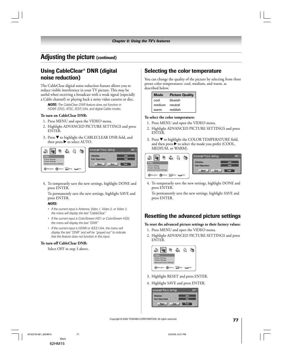 Adjusting the picture, Using cableclear, Dnr (digital noise reduction) | Selecting the color temperature, Resetting the advanced picture settings, Continued) | Toshiba Integrated High Definition DLP 62HM15 User Manual | Page 77 / 108