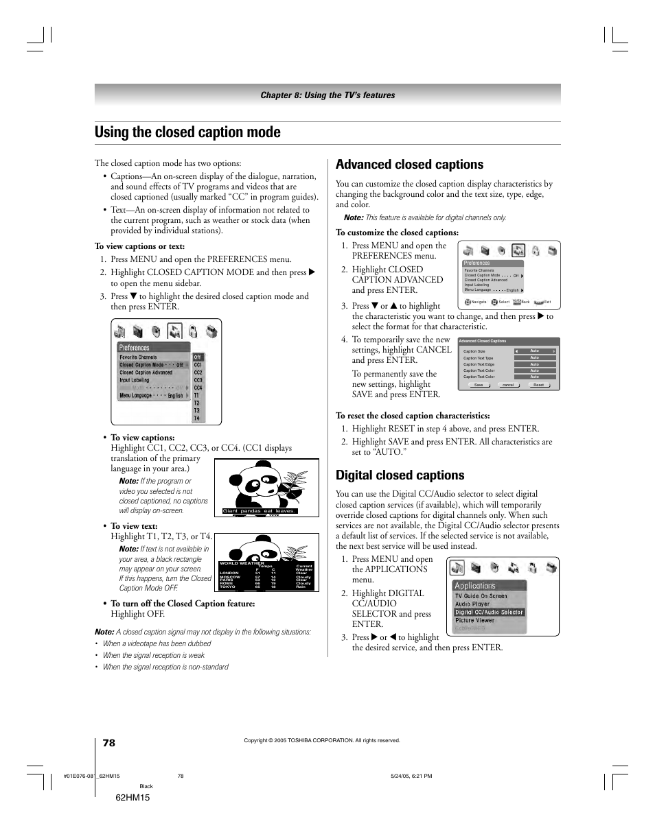 Using the closed caption mode, Advanced closed captions, Digital closed captions | Toshiba Integrated High Definition DLP 62HM15 User Manual | Page 78 / 108