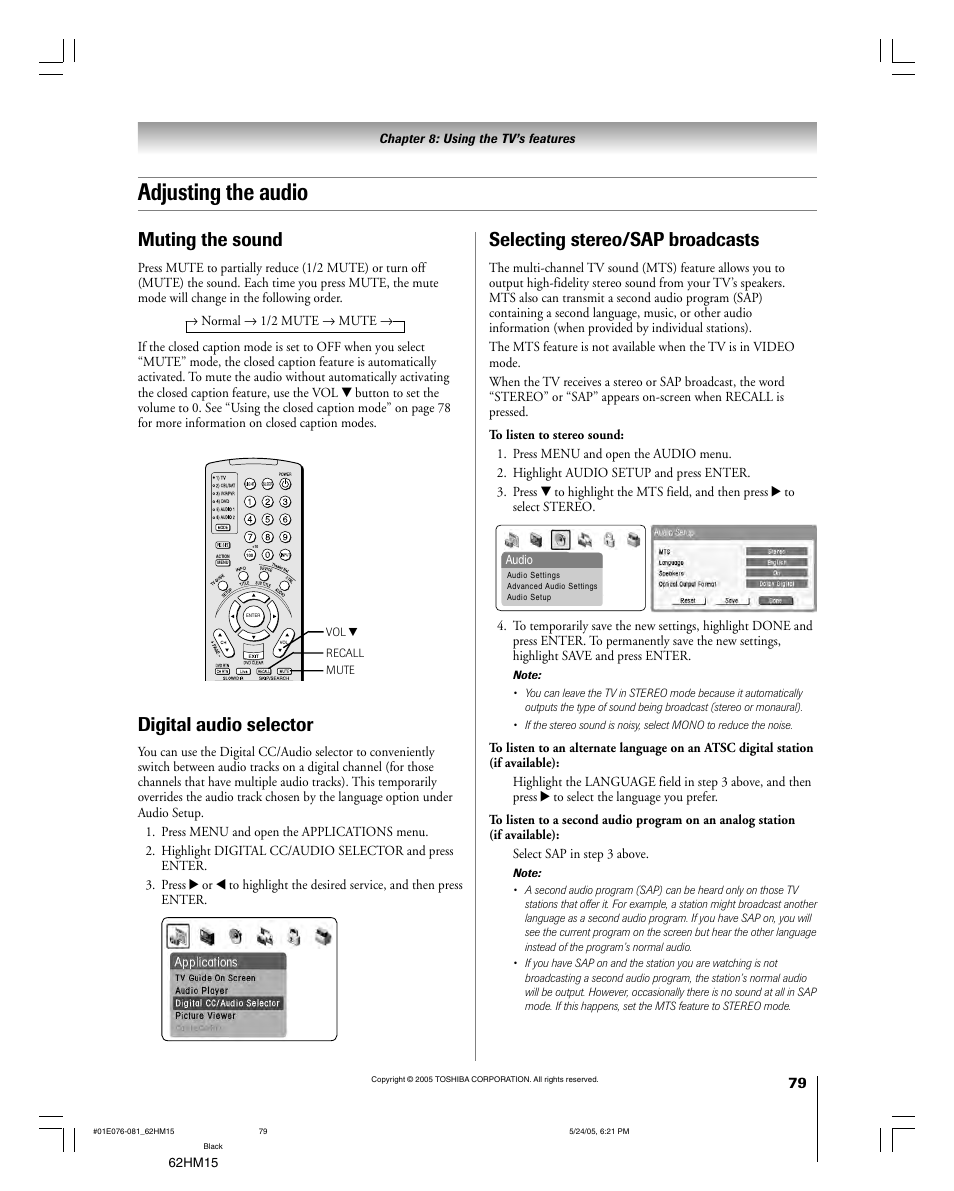 Adjusting the audio, Muting the sound, Selecting stereo/sap broadcasts | Digital audio selector | Toshiba Integrated High Definition DLP 62HM15 User Manual | Page 79 / 108