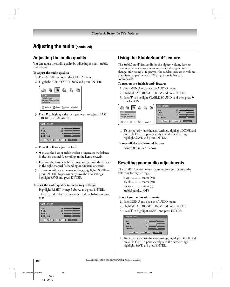 Adjusting the audio, Using the stablesound, Feature | Resetting your audio adjustments, Adjusting the audio quality, Continued) | Toshiba Integrated High Definition DLP 62HM15 User Manual | Page 80 / 108