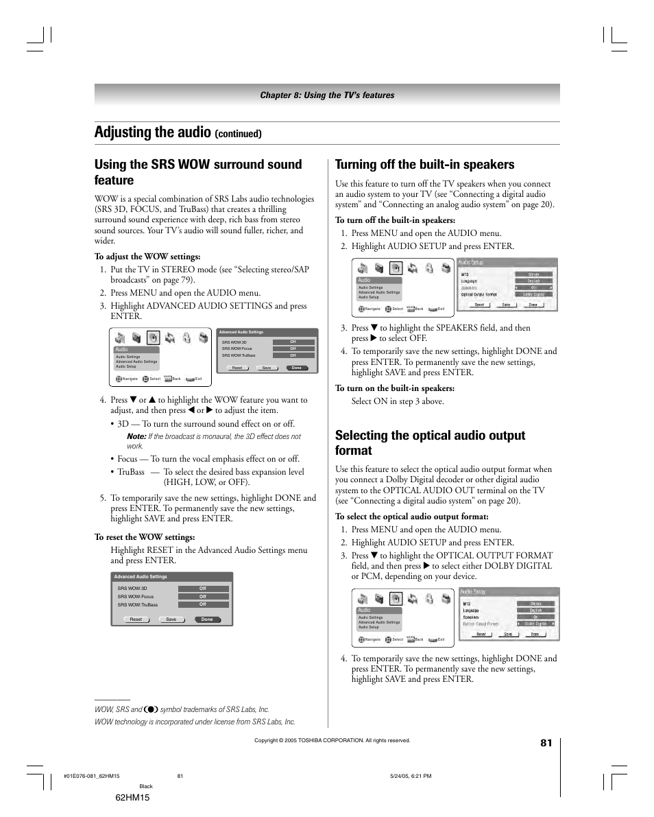 Adjusting the audio, Using the srs wow surround sound feature, Turning off the built-in speakers | Selecting the optical audio output format, Continued) | Toshiba Integrated High Definition DLP 62HM15 User Manual | Page 81 / 108