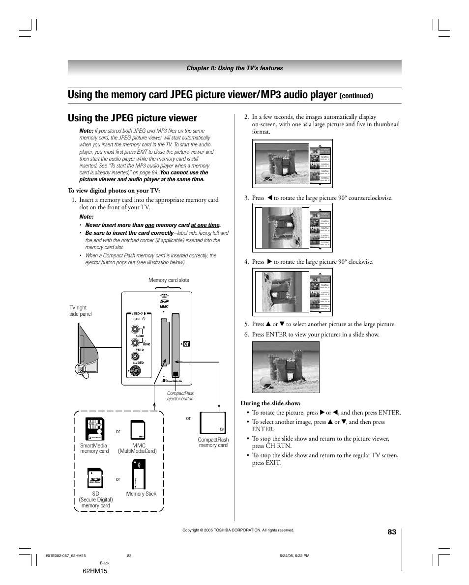 Using the jpeg picture viewer, Continued), 62hm15 | Chapter 8: using the tv’s features, Press • to rotate the large picture 90° clockwise | Toshiba Integrated High Definition DLP 62HM15 User Manual | Page 83 / 108