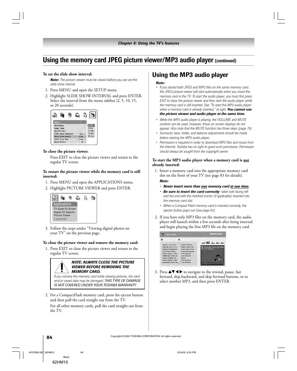 Using the mp, Audio player | Toshiba Integrated High Definition DLP 62HM15 User Manual | Page 84 / 108