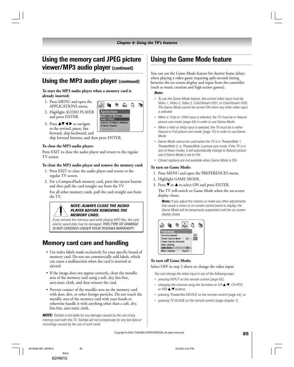 Using the game mode feature, Using the mp3 audio player | Toshiba Integrated High Definition DLP 62HM15 User Manual | Page 85 / 108