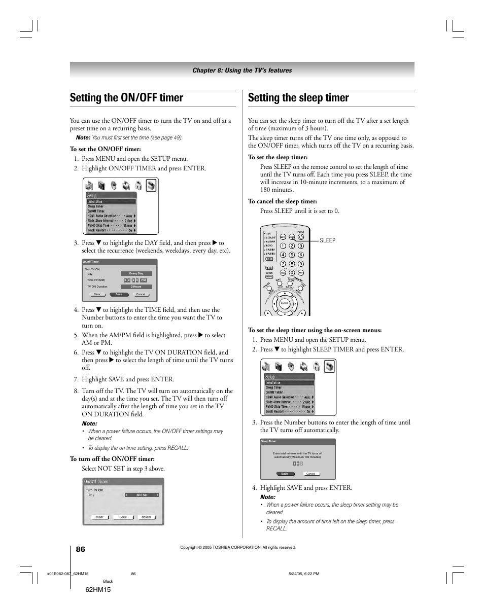 Setting the sleep timer, Setting the on/off timer | Toshiba Integrated High Definition DLP 62HM15 User Manual | Page 86 / 108