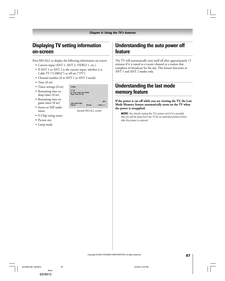 Displaying tv setting information on-screen, Understanding the auto power off feature | Toshiba Integrated High Definition DLP 62HM15 User Manual | Page 87 / 108