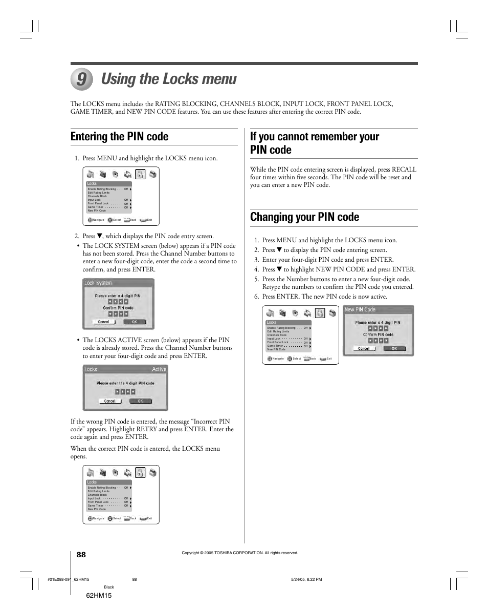 Using the locks menu, If you cannot remember your pin code, Entering the pin code changing your pin code | 62hm15, Press menu and highlight the locks menu icon | Toshiba Integrated High Definition DLP 62HM15 User Manual | Page 88 / 108
