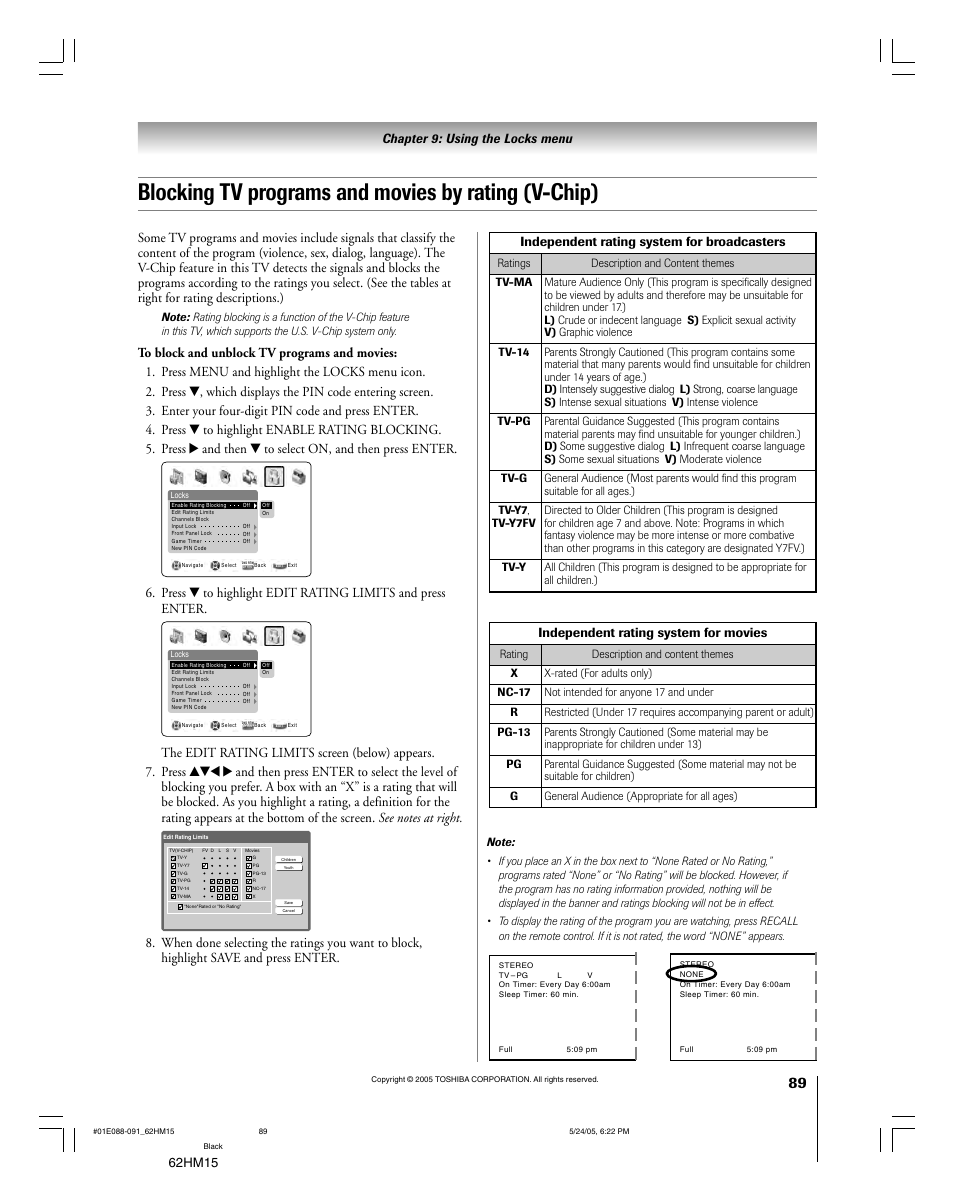 Blocking tv programs and movies by rating (v-chip), 62hm15, Independent rating system for broadcasters | Independent rating system for movies | Toshiba Integrated High Definition DLP 62HM15 User Manual | Page 89 / 108