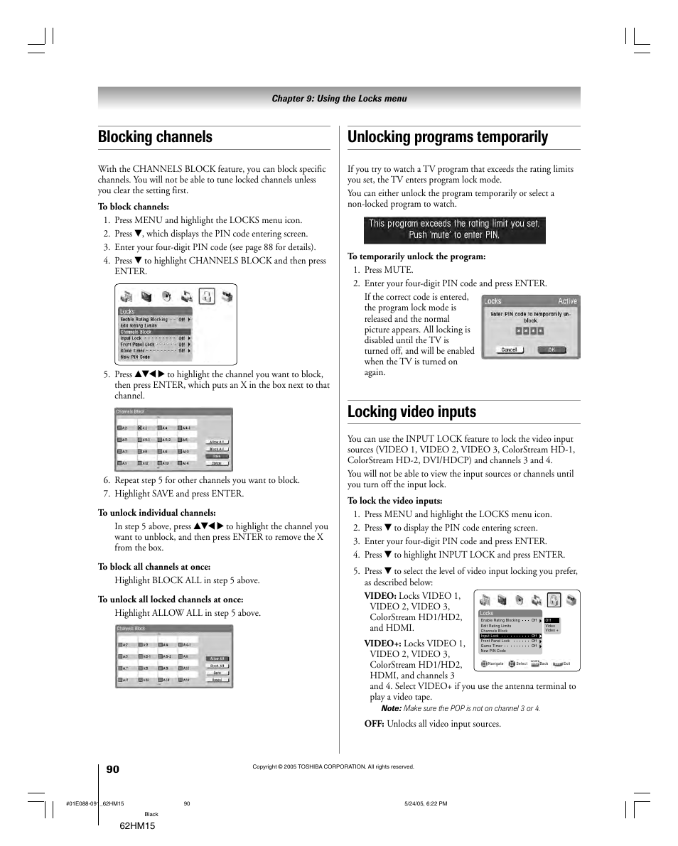 Locking video inputs, Blocking channels, Unlocking programs temporarily | 62hm15, Off: unlocks all video input sources | Toshiba Integrated High Definition DLP 62HM15 User Manual | Page 90 / 108