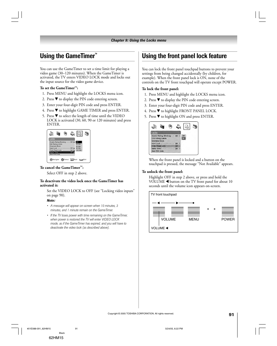 Using the gametimer, Using the front panel lock feature, 62hm15 | Chapter 9: using the locks menu | Toshiba Integrated High Definition DLP 62HM15 User Manual | Page 91 / 108