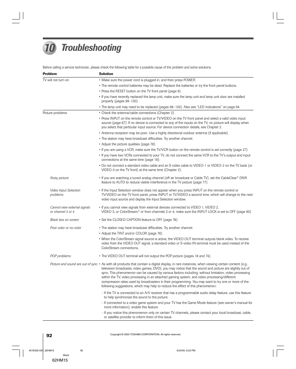 Troubleshooting | Toshiba Integrated High Definition DLP 62HM15 User Manual | Page 92 / 108