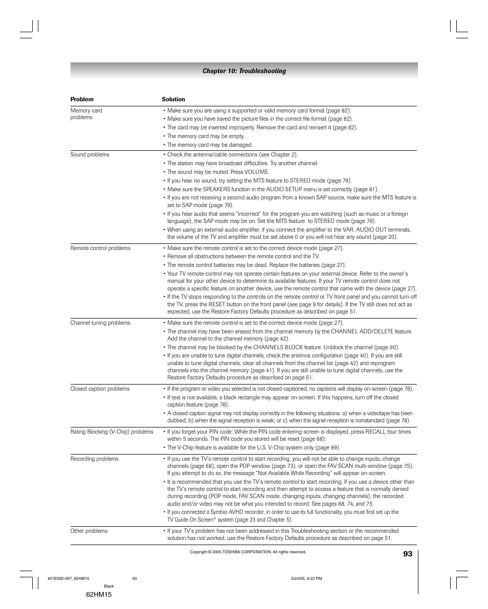 Toshiba Integrated High Definition DLP 62HM15 User Manual | Page 93 / 108