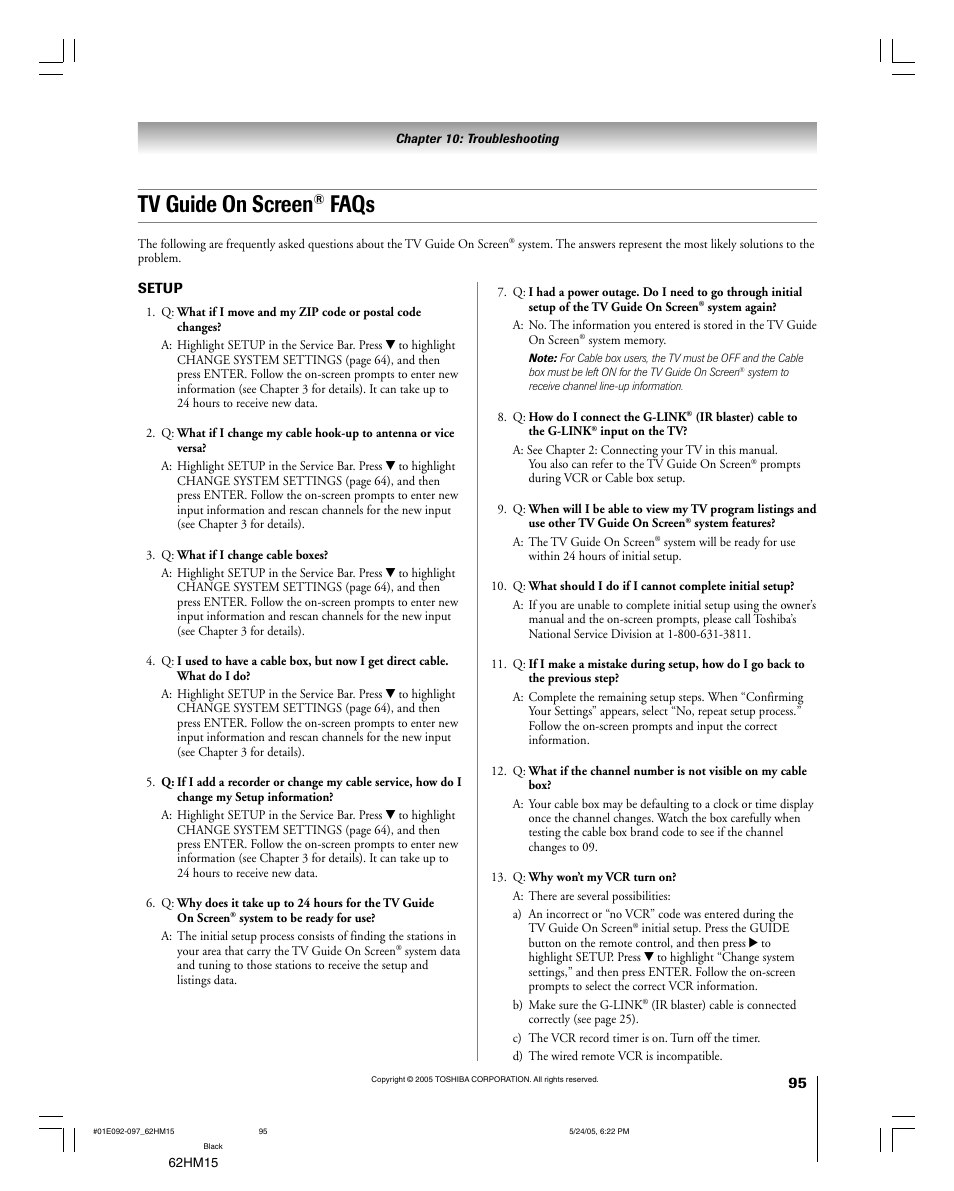 Tv guide on screen, Faqs | Toshiba Integrated High Definition DLP 62HM15 User Manual | Page 95 / 108