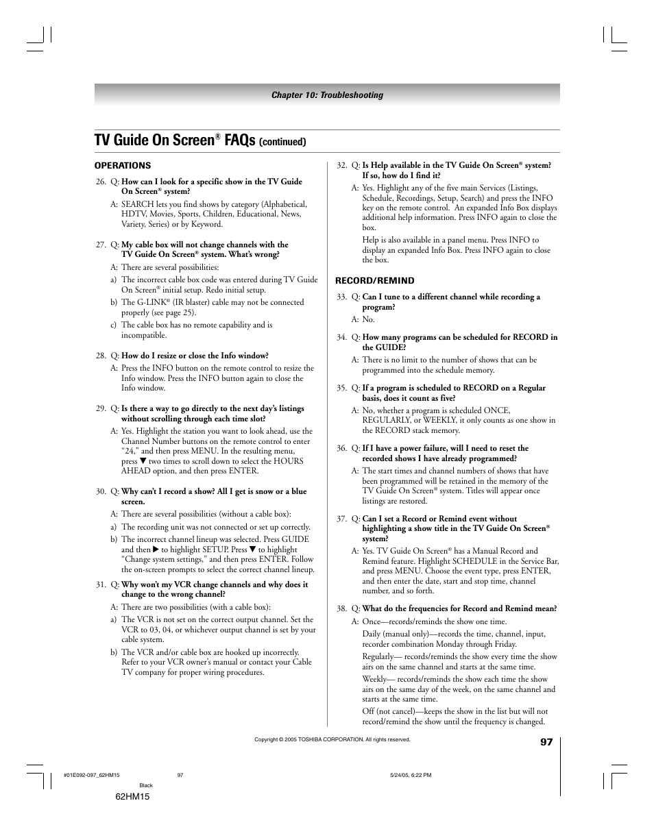 Tv guide on screen, Faqs | Toshiba Integrated High Definition DLP 62HM15 User Manual | Page 97 / 108