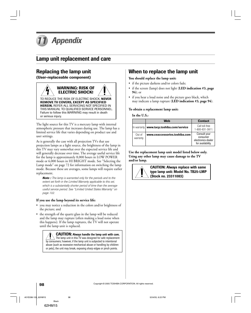 Appendix, Lamp unit replacement and care, Replacing the lamp unit | When to replace the lamp unit | Toshiba Integrated High Definition DLP 62HM15 User Manual | Page 98 / 108