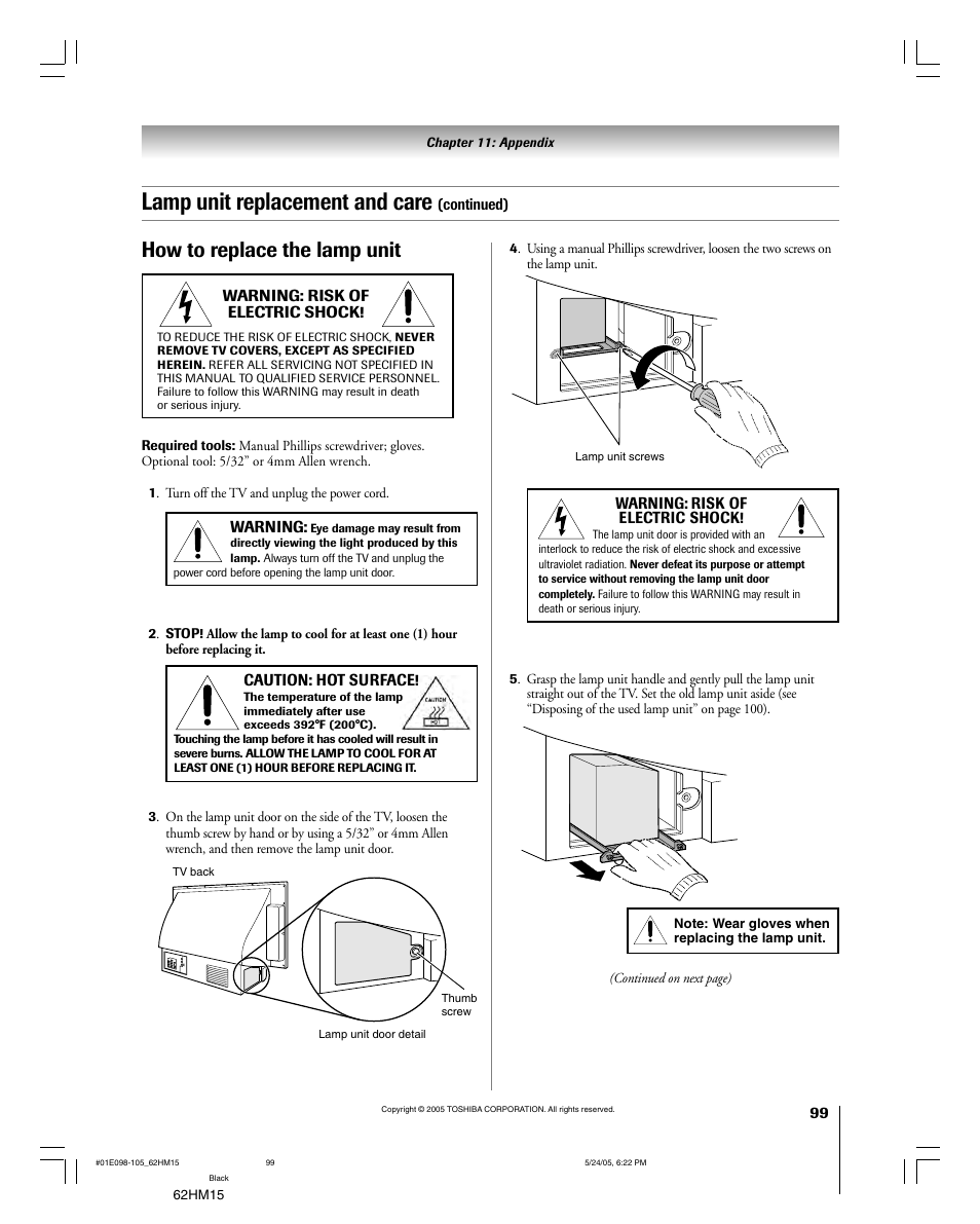 Lamp unit replacement and care, How to replace the lamp unit | Toshiba Integrated High Definition DLP 62HM15 User Manual | Page 99 / 108