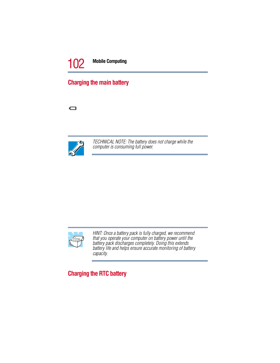 Charging the main battery, Charging the rtc battery, Charging the main battery charging the rtc battery | Toshiba 1805 User Manual | Page 102 / 261