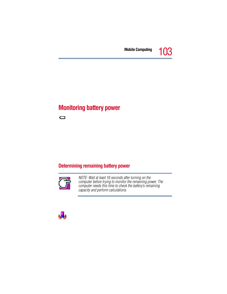 Monitoring battery power, Determining remaining battery power | Toshiba 1805 User Manual | Page 103 / 261