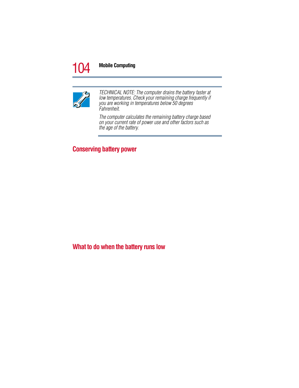 Conserving battery power, What to do when the battery runs low | Toshiba 1805 User Manual | Page 104 / 261