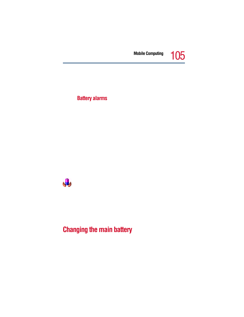 Changing the main battery, Changing the main battery” on | Toshiba 1805 User Manual | Page 105 / 261