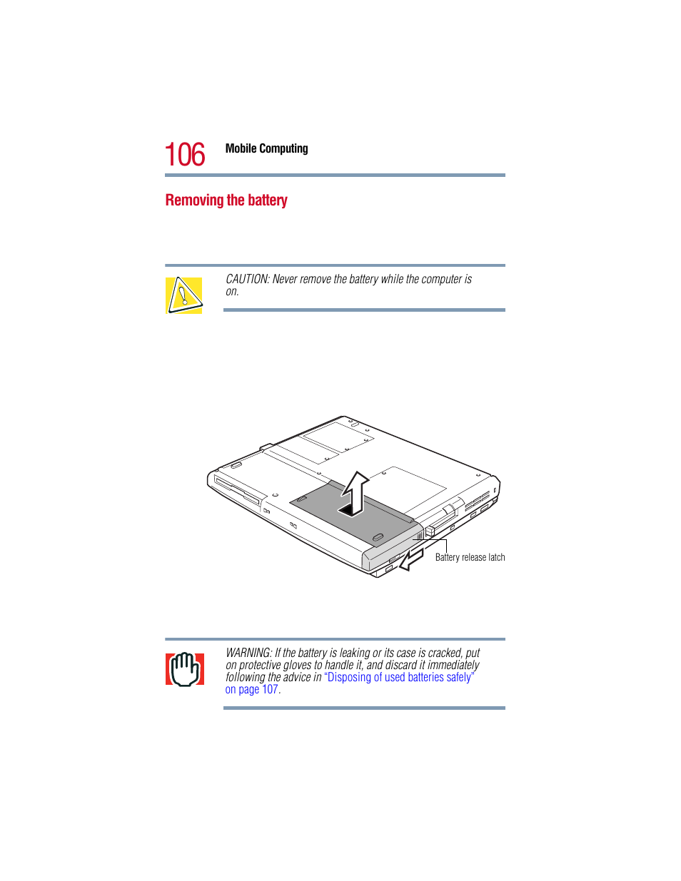 Removing the battery | Toshiba 1805 User Manual | Page 106 / 261