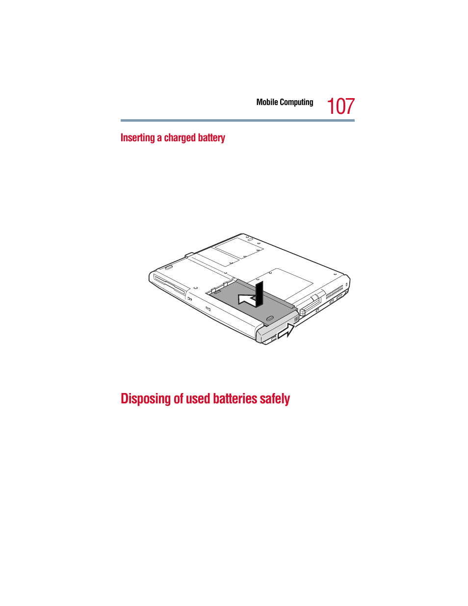 Inserting a charged battery, Disposing of used batteries safely | Toshiba 1805 User Manual | Page 107 / 261