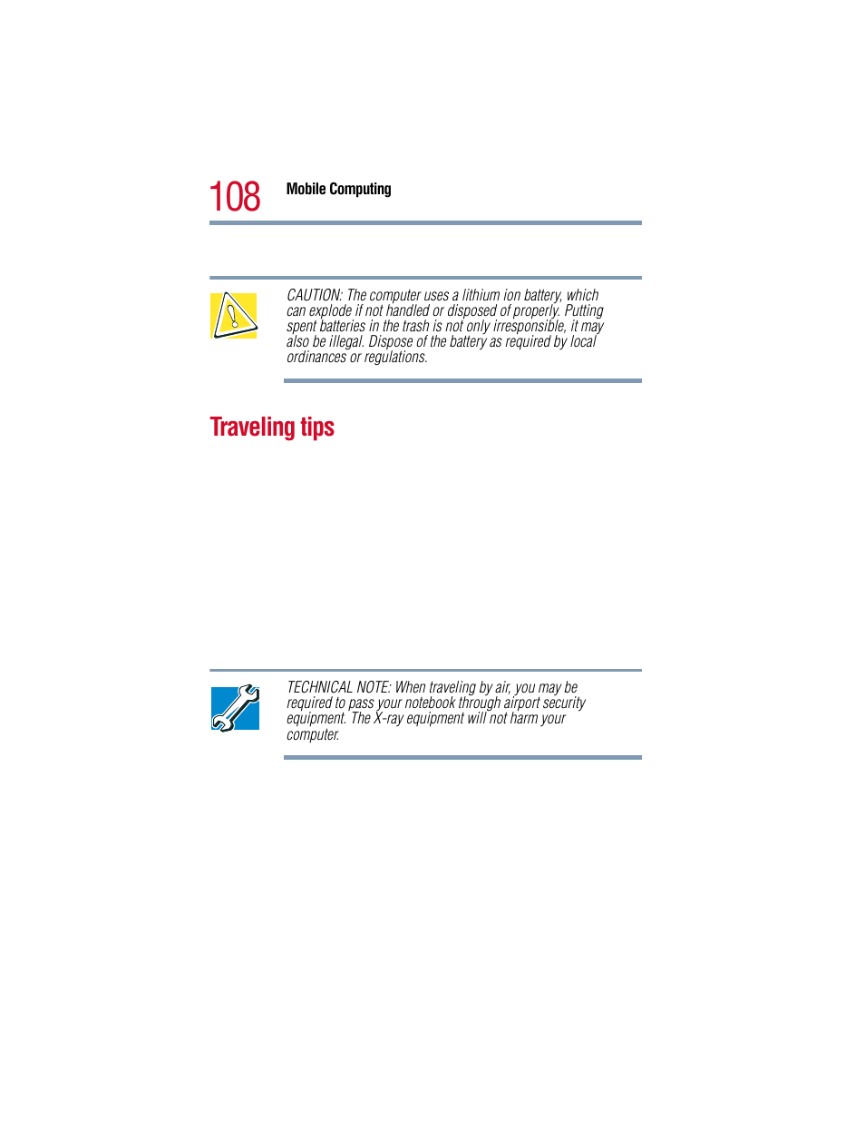 Traveling tips | Toshiba 1805 User Manual | Page 108 / 261