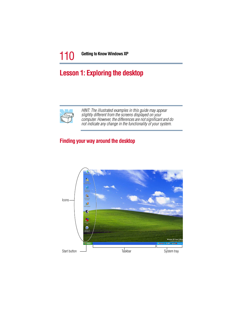 Lesson 1: exploring the desktop, Finding your way around the desktop | Toshiba 1805 User Manual | Page 110 / 261