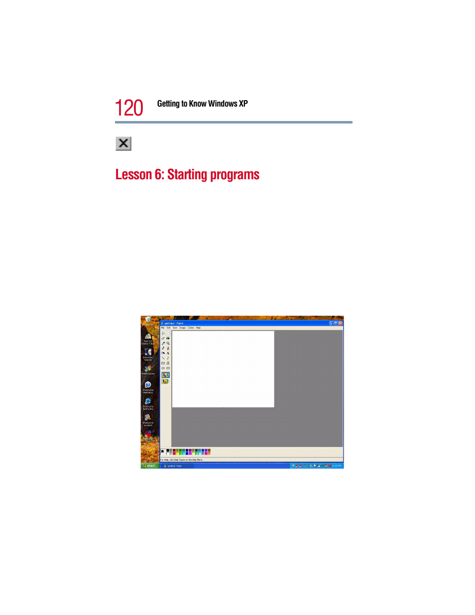 Lesson 6: starting programs, Start menu. see, Lesson 6 | Starting programs, see | Toshiba 1805 User Manual | Page 120 / 261
