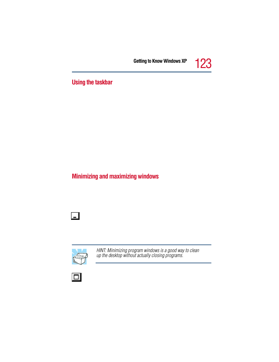 Using the taskbar, Minimizing and maximizing windows | Toshiba 1805 User Manual | Page 123 / 261