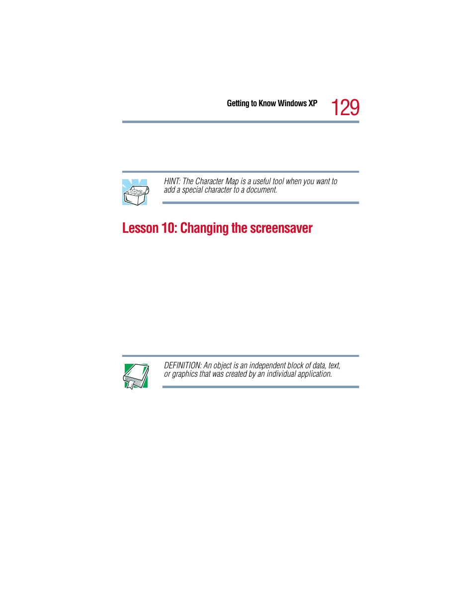 Lesson 10: changing the screensaver | Toshiba 1805 User Manual | Page 129 / 261