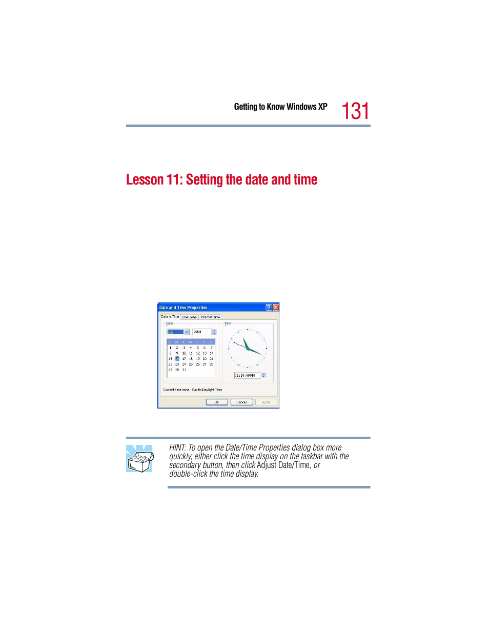 Lesson 11: setting the date and time | Toshiba 1805 User Manual | Page 131 / 261