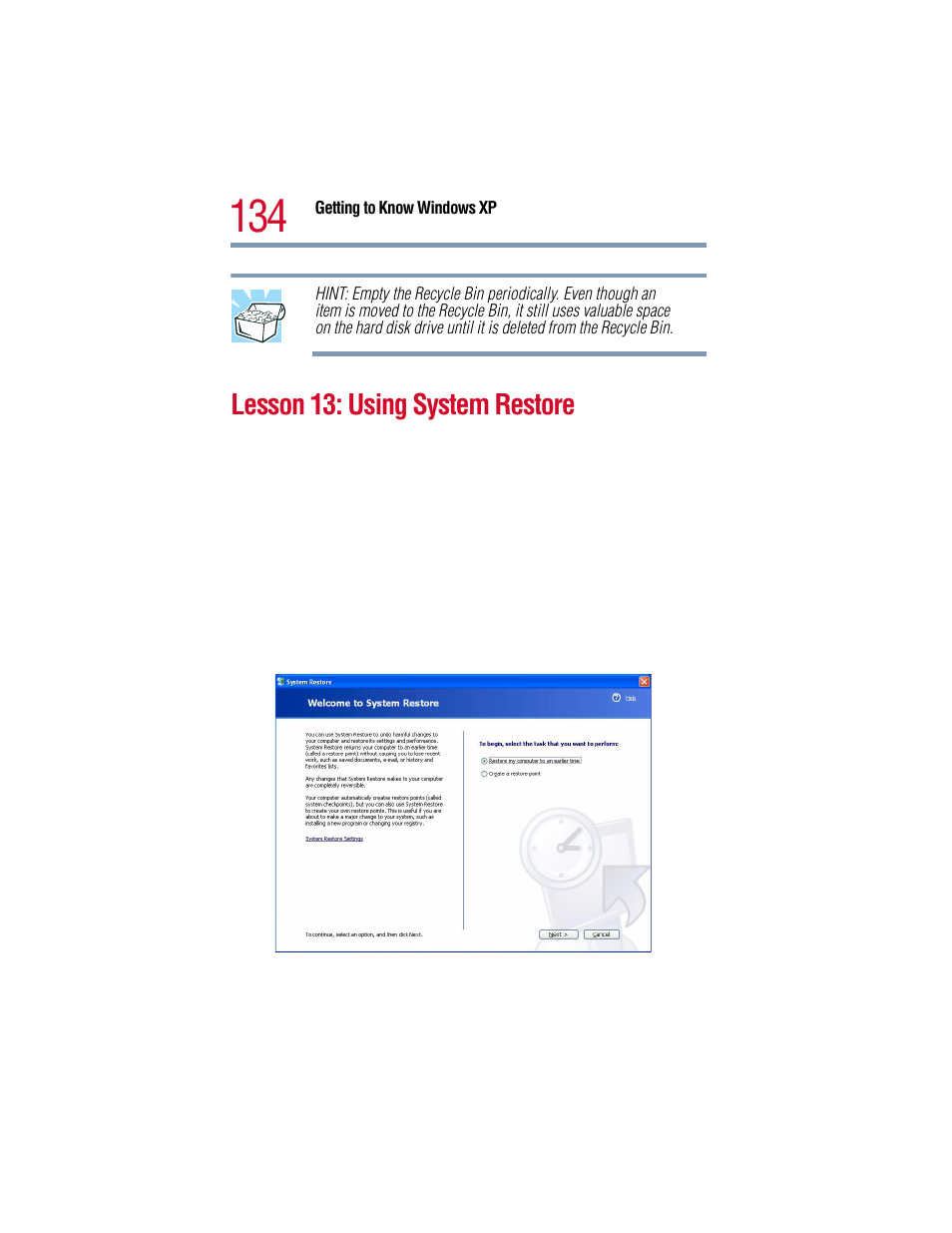 Lesson 13: using system restore | Toshiba 1805 User Manual | Page 134 / 261