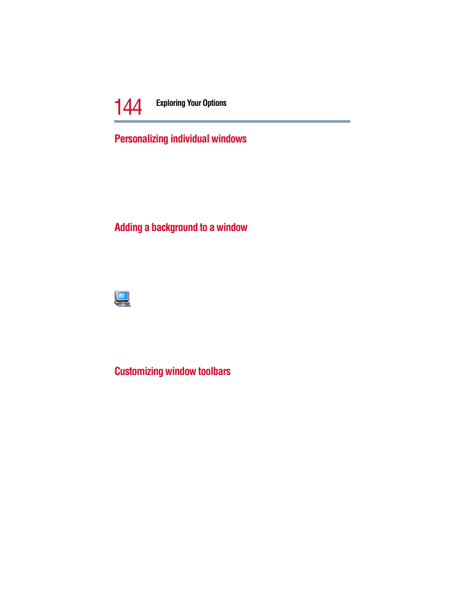 Personalizing individual windows, Adding a background to a window, Customizing window toolbars | Toshiba 1805 User Manual | Page 144 / 261