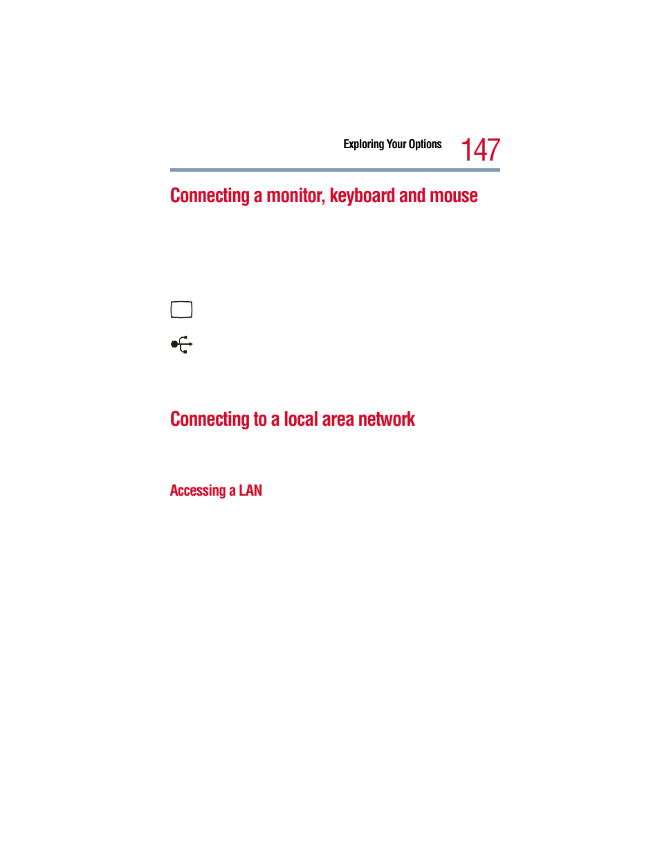 Connecting a monitor, keyboard and mouse, Connecting to a local area network, Accessing a lan | Connecting a monitor | Toshiba 1805 User Manual | Page 147 / 261