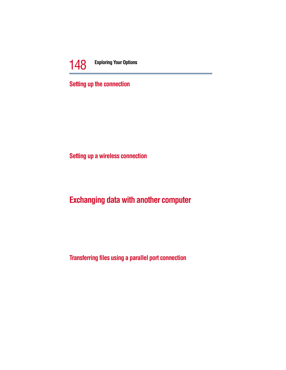 Setting up the connection, Setting up a wireless connection, Exchanging data with another computer | Toshiba 1805 User Manual | Page 148 / 261