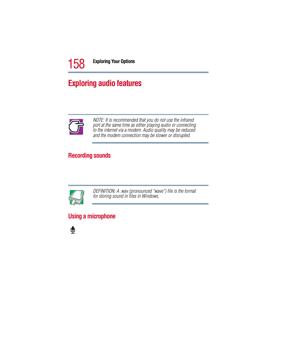 Exploring audio features, Recording sounds, Using a microphone | Recording sounds using a microphone | Toshiba 1805 User Manual | Page 158 / 261