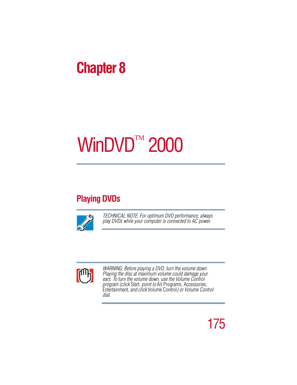 Chapter 8 - windvd, Playing dvds, Chapter 8: windvd 2000 | Windvd 2000, Chapter 8 | Toshiba 1805 User Manual | Page 175 / 261