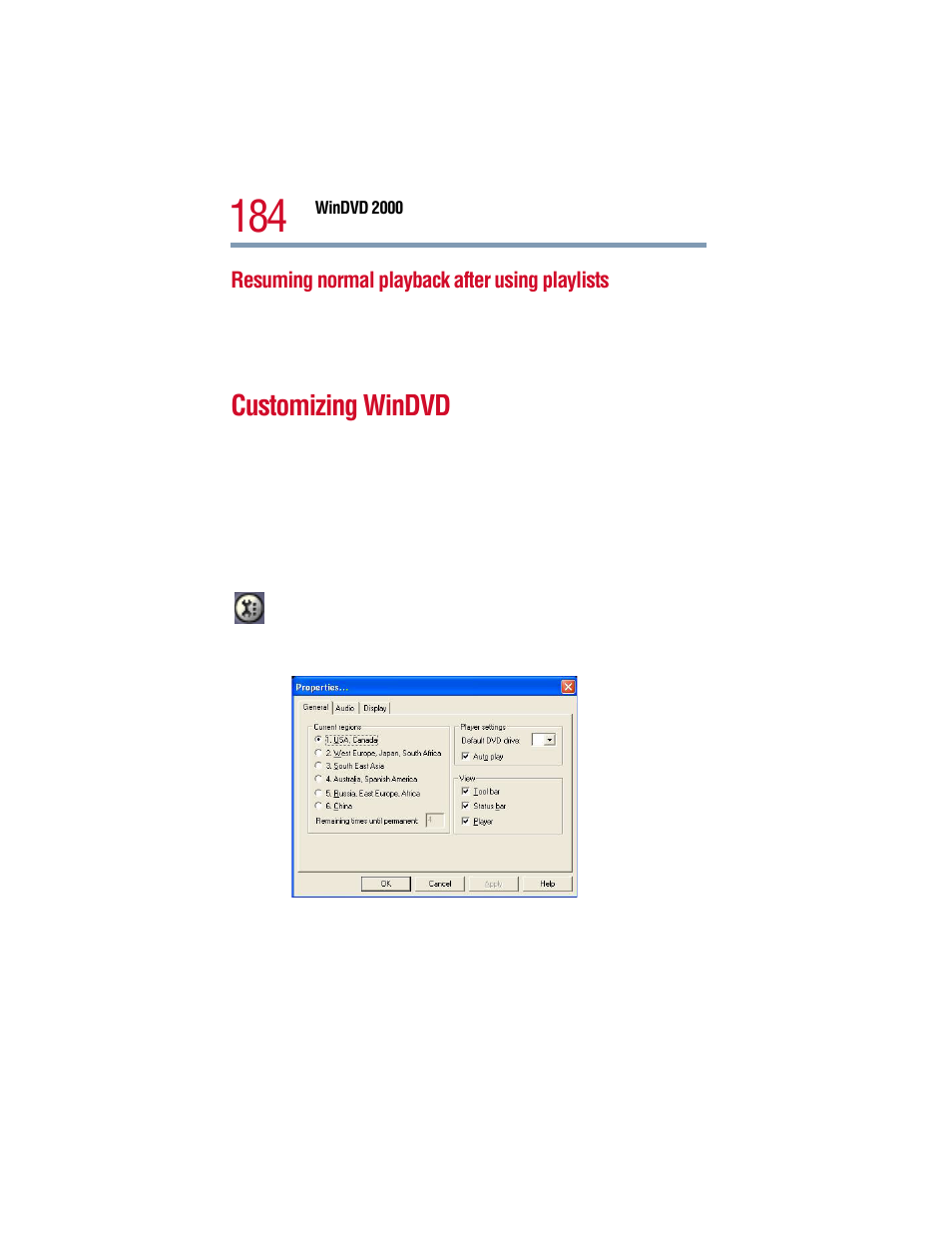 Resuming normal playback after using playlists, Customizing windvd | Toshiba 1805 User Manual | Page 184 / 261
