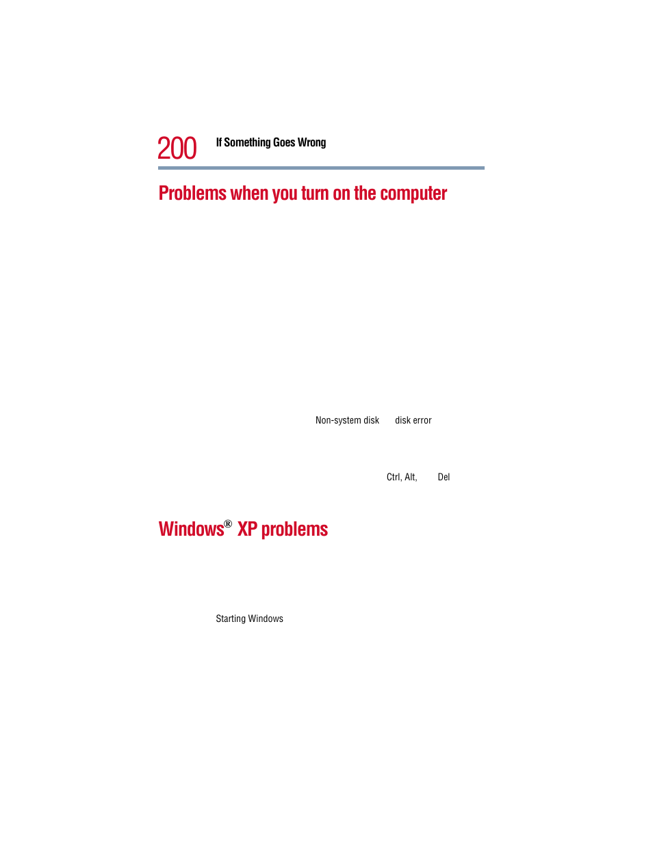 Problems when you turn on the computer, Windows xp problems | Toshiba 1805 User Manual | Page 200 / 261