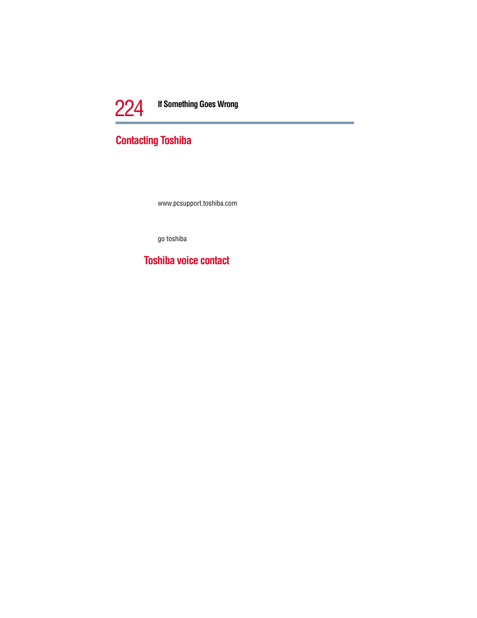 Contacting toshiba, Toshiba voice contact | Toshiba 1805 User Manual | Page 224 / 261