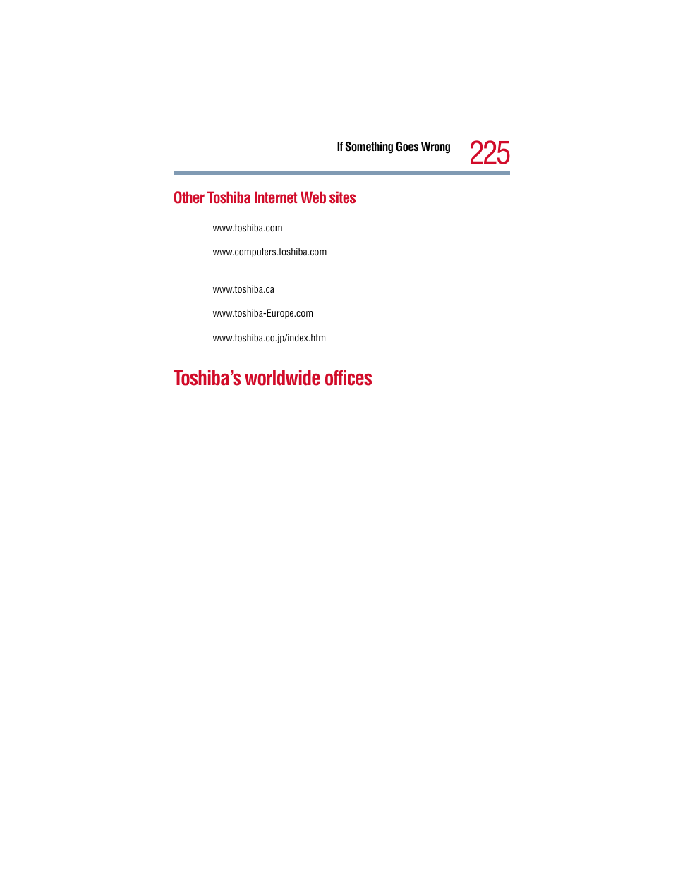 Other toshiba internet web sites, Toshiba’s worldwide offices | Toshiba 1805 User Manual | Page 225 / 261