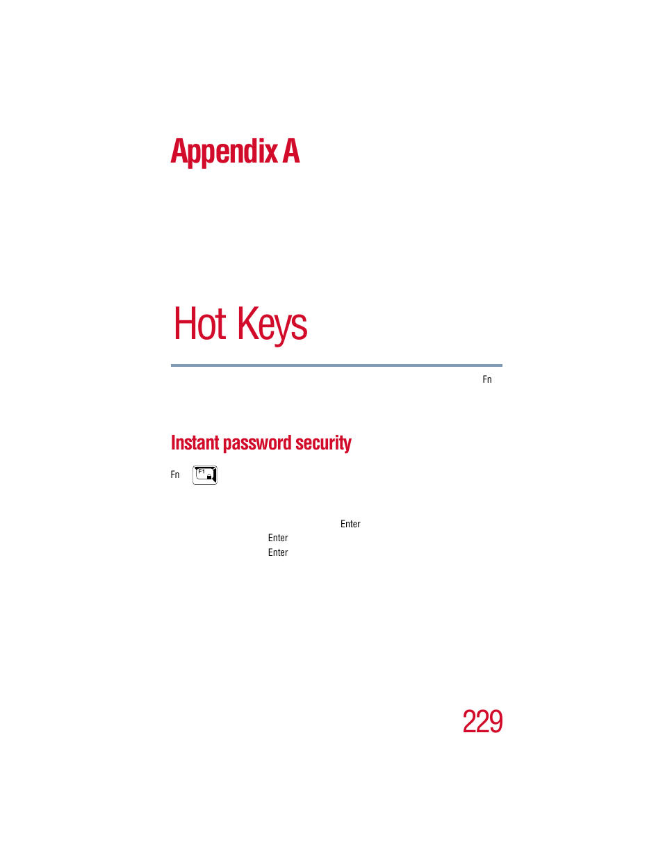 Appendix a - hot keys, Instant password security, Appendix a: hot keys | Hot keys, Appendix a | Toshiba 1805 User Manual | Page 229 / 261