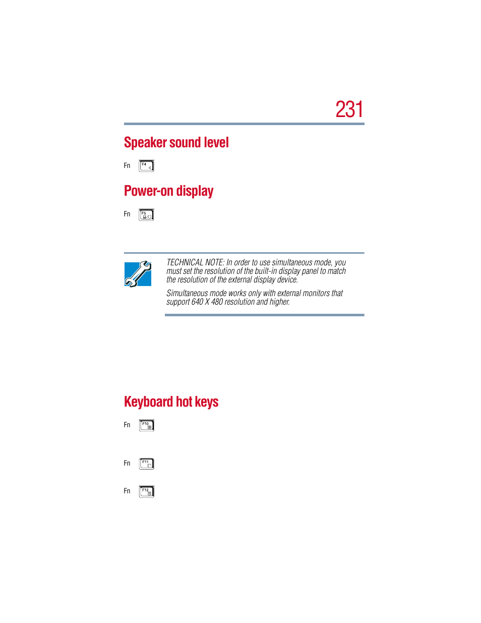 Speaker sound level, Power-on display, Keyboard hot keys | Toshiba 1805 User Manual | Page 231 / 261