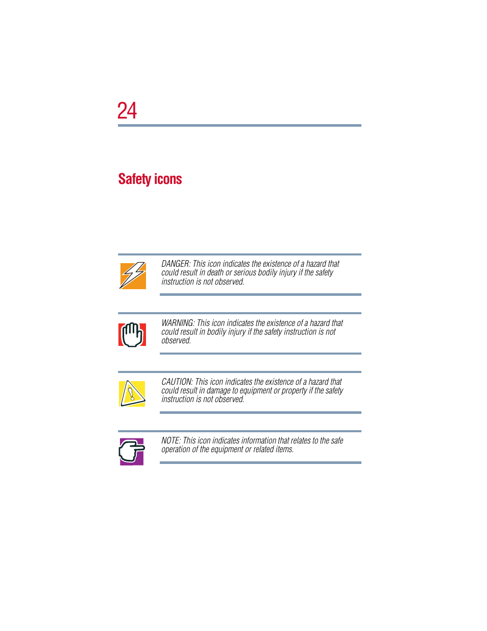 Safety icons | Toshiba 1805 User Manual | Page 24 / 261