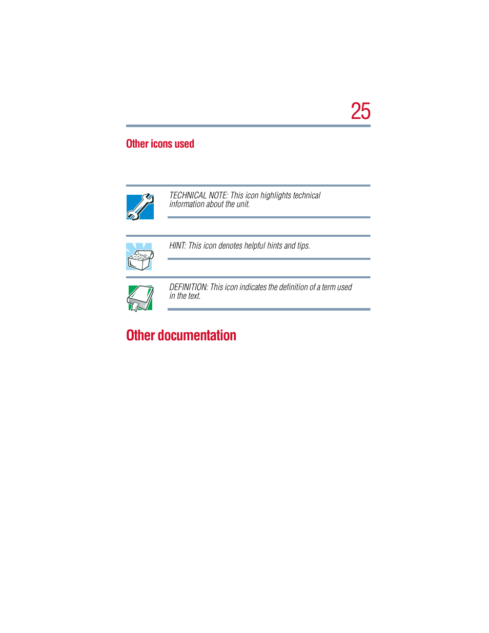 Other icons used, Other documentation | Toshiba 1805 User Manual | Page 25 / 261