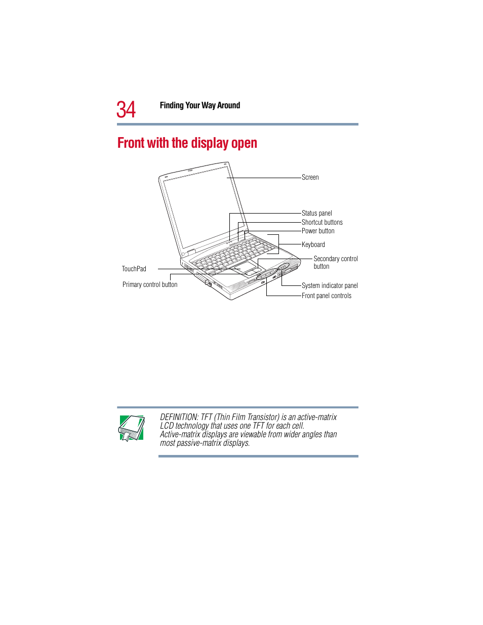 Front with the display open | Toshiba 1805 User Manual | Page 34 / 261