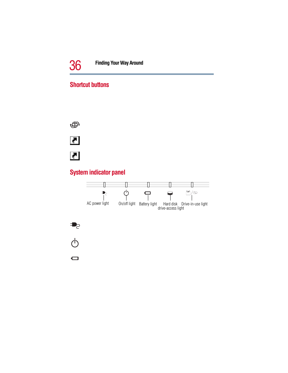 Shortcut buttons, System indicator panel, Shortcut buttons system indicator panel | Toshiba 1805 User Manual | Page 36 / 261