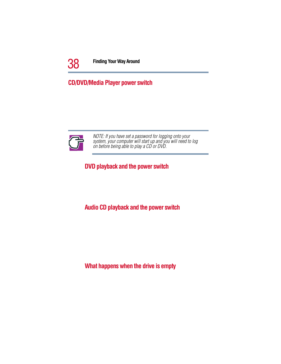 Cd/dvd/media player power switch | Toshiba 1805 User Manual | Page 38 / 261